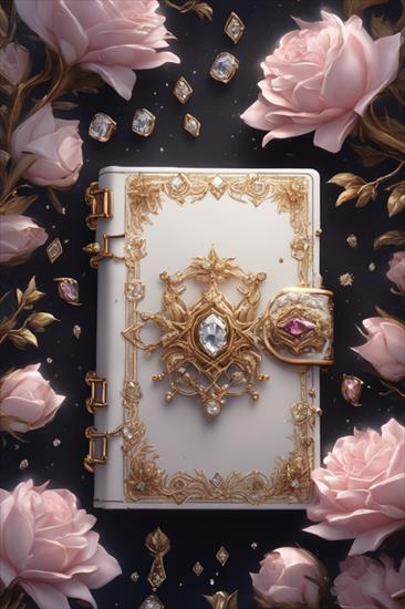 2 - an-old-diary-white-pink-gold-golden-details-with-flowers-around-it-diamonds-gems-on-a-dark-bac-289153057.png
